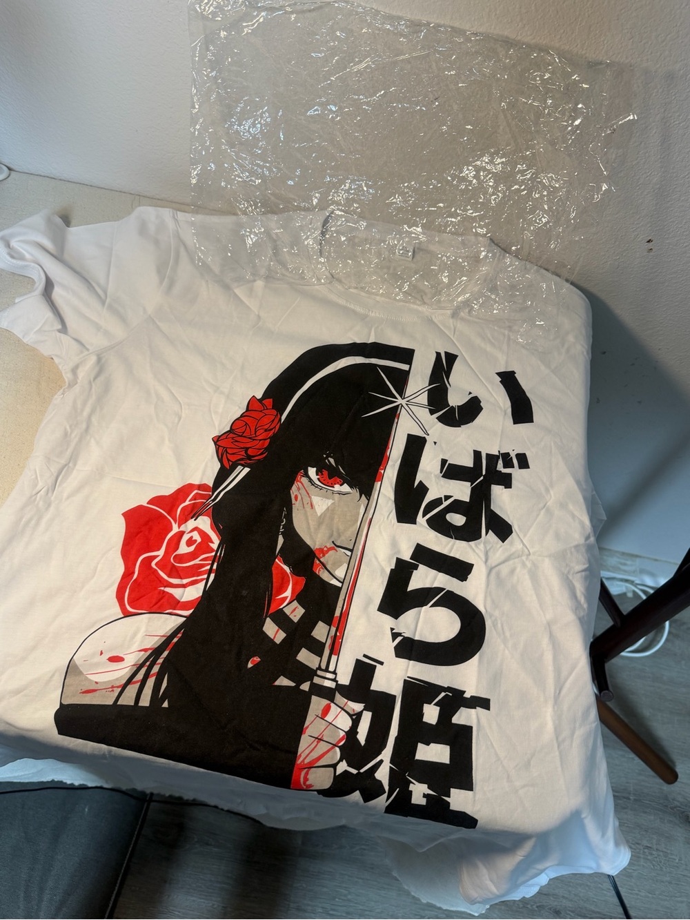 White Short-Sleeve Graphic Tee with Black & Red Anime Art